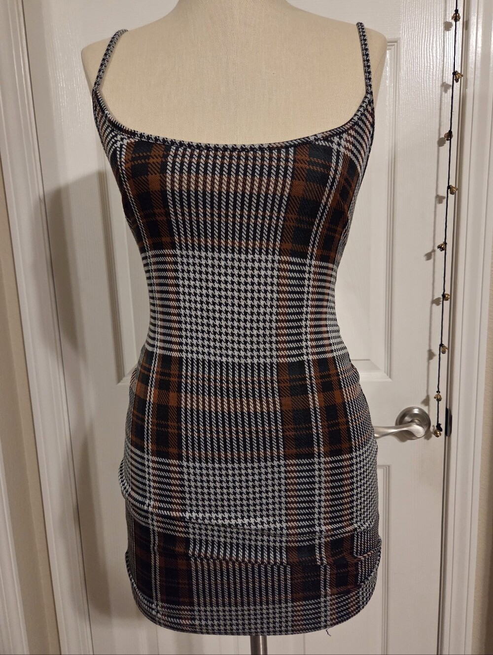 Better Be Brown and Black Plaid Spaghetti-Strap Bodycon Mini Dress